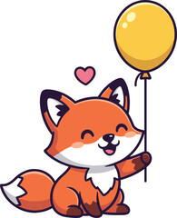 Cartoon fox with balloon — cute orange animal holding yellow balloon with heart symbol and smiling face in cheerful pose