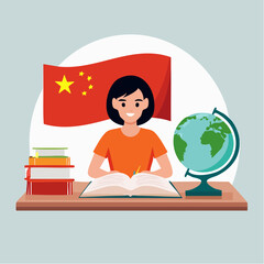 Young student sitting at a desk with an open book and a globe with china flag as a background. Patriotism and china celebrate national day