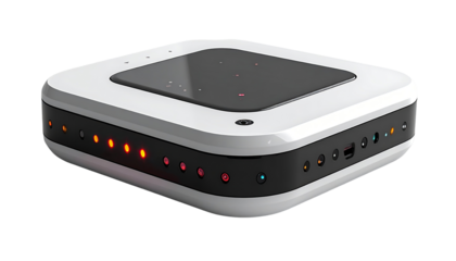 Modern, square device with lights and ports