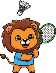 Cartoon lion playing badminton — cheerful animal character in blue shirt with racket and shuttlecock in dynamic sports action pose