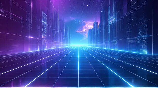 Futuristic Cityscape with Glowing Grid and Celestial Sphere in Digital Realm