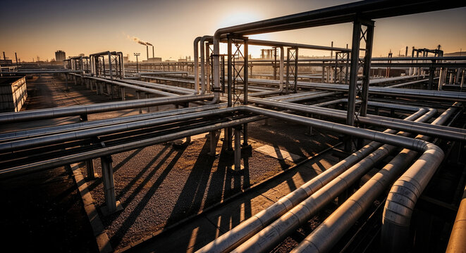 A complex network of pipes at a large industrial facility at sunset.

A vast, intricate network of industrial pipes and pipelines dominates the frame, bathed in the warm, golden light of the setting s