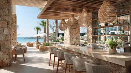 Enjoy the relaxing atmosphere of a beachfront bar bathed in afternoon sunlight. Guests can sip drinks while taking in the serene ocean views and stylish decor