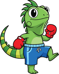 Cartoon lizard boxer — cheerful green reptile in red gloves and blue shorts striking dynamic pose with expressive eyes and striped tail