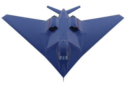 Isolated modern stealth bomber jet, advanced military aircraft, low observable, flying object