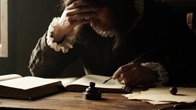 A contemplative scholar or writer from a historical period pens notes in an ancient book using a traditional quill illuminated by dramatic light evoking deep th