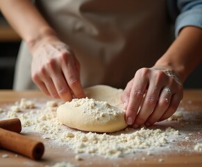 Hands Gently Kneading Dough on Wooden Surface Surrounded by Flour and Rolling Pins in a Cozy Kitchen Setting for Baking Enthusiasts