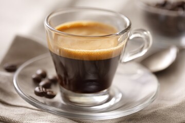 A person savors a smooth Americano served in a clear glass cup, showcasing its rich layers. Nearby, coffee beans and a spoon rest on a soft fabric, creating a warm atmosphere