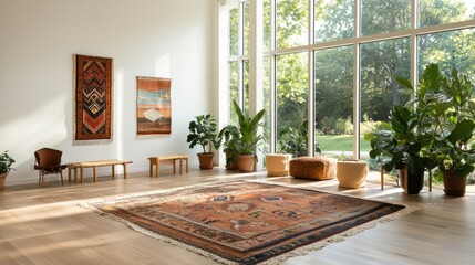 Cozy Living Space with Large Windows and Colorful Area Rug