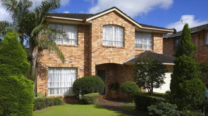 A beautiful two-story brick house stands proudly in a suburban Australian neighborhood. Lush green hedges and palm trees frame the well-kept yard, creating a warm, inviting atmosphere