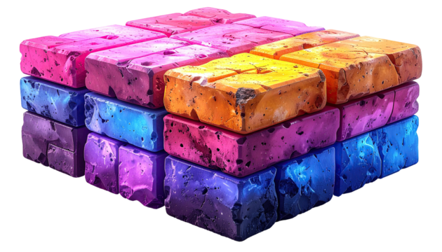 Colorful, textured cube-shaped structure
