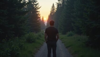 Solitary Figure Walking on a Gravel Path Surrounded by Lush Green Trees at Sunset with Warm Colors and Gentle Light in the Forest