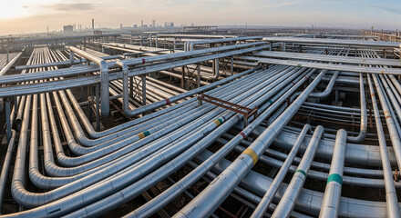 A sprawling, overhead panoramic view of a massive network of industrial pipelines at a refinery or a chemical plant