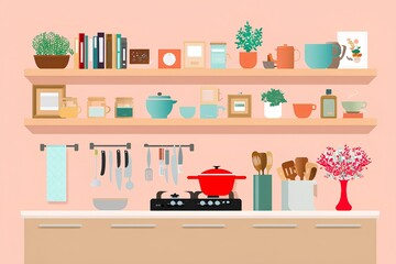 Friendly and warm pink kitchen design featuring cabinets, and a full set of cooking tools and cups.