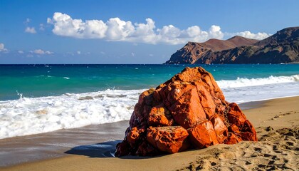 A vibrant orange rock sits on a sandy beach, bathed in sunlight, as turquoise waves gently lap the shore.