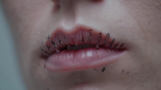 A woman's lips are sewn with threads and the threads cross her lips. Close-up of threads and stitches emphasizes the woman's skin texture around her lips.