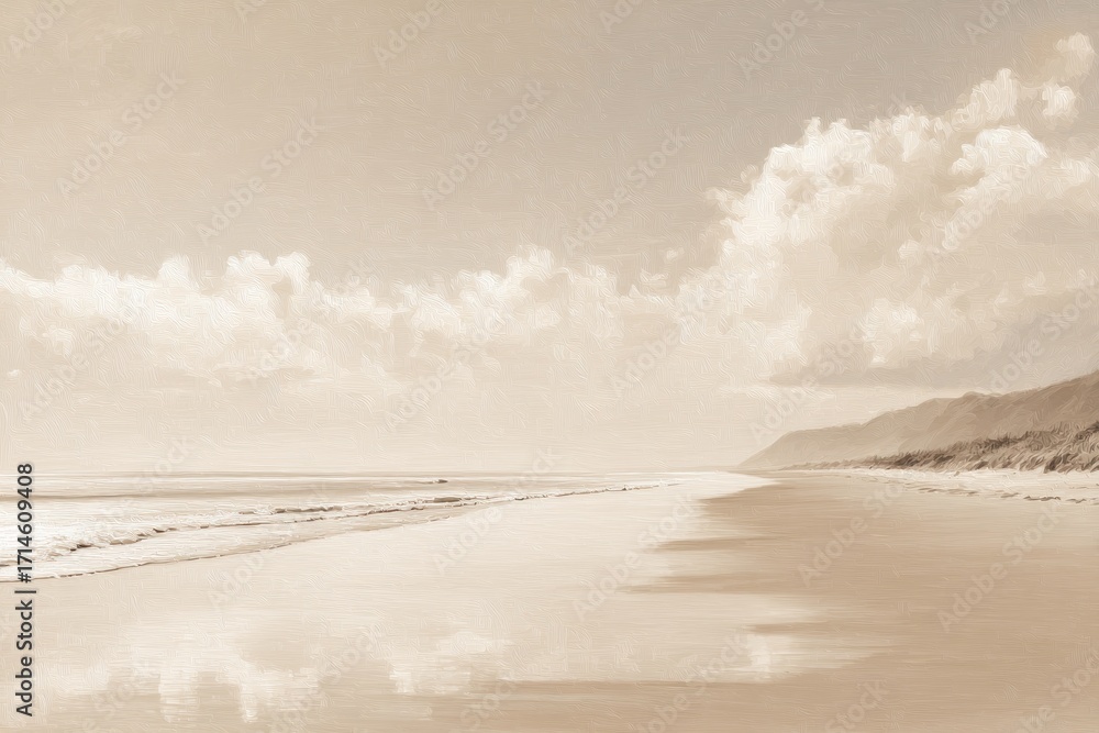 Poster Peaceful beach scene features soft beige colors with gentle waves lapping against the shore. Wispy clouds float in the sky, creating a serene atmosphere. Ideal for relaxation