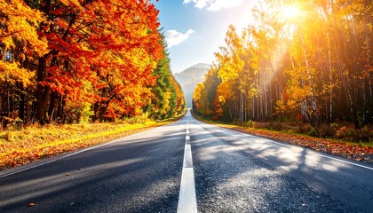 A sun-drenched autumnal road winds through a vibrant forest, showcasing the brilliant fall foliage along its edges.