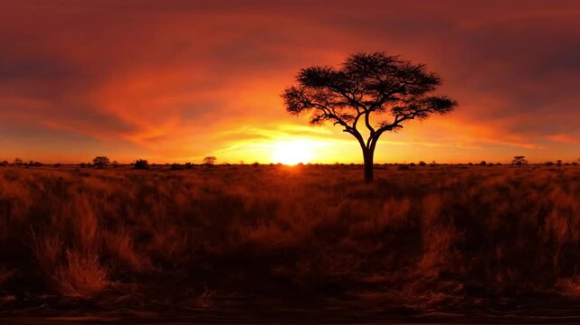 Stunning African Sunset 360 Panorama over Savanna Grassland with a Silhouetted Acacia Tree and Fiery Orange Sky