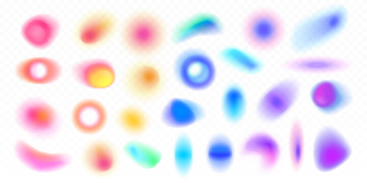 Set of soft blurred gradient shapes, circles, blobs, color gradations. Abstract isolated colorful shape blurs, various geometric forms, aesthetic aura elements, glowing effect. Vector gradient mesh.
