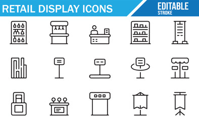 Editable stroke outline retail display icons with shelves, signage, podiums, and store furniture