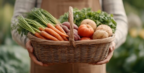 close-up of hands holding a basket with fresh vegetables