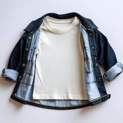 kids  2 layers T-shirt mock up with denim Jacket for Design tshirt template, print presentation mock-up, off-white t-shirt with dark blue denim jacket