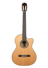 Obraz premium A classical acoustic guitar, light brown wood body, dark fretboard, white nylon strings, ornate rosette, isolated on transparent backdrop, concept of musical craftsmanship