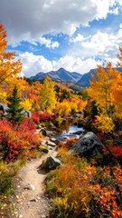 Obraz premium A picturesque autumn trail winds through a vibrant landscape of colorful foliage, reflecting in a tranquil stream, alongside majestic mountains.