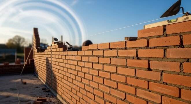 Skilled bricklayers meticulously constructing a new red brick wall at a construction site under a bright blue sky with sunlight casting long shadows