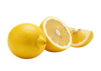 Three fresh, vibrant yellow lemons (whole, half, wedge) on a transparent background with soft shadows, ample copy space, macro, professional studio lighting, concept of vibrant citrus purity