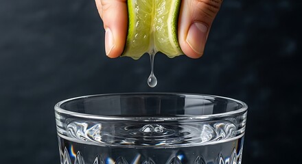 A hand squeezes a lime wedge over a clear glass of water, with a drop of juice falling.