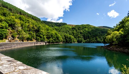 Scenic reservoir nestled in a lush valley
