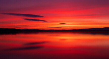 Naklejka premium Fiery Sunset Over Still Lake Waters Reflecting Mountains.
