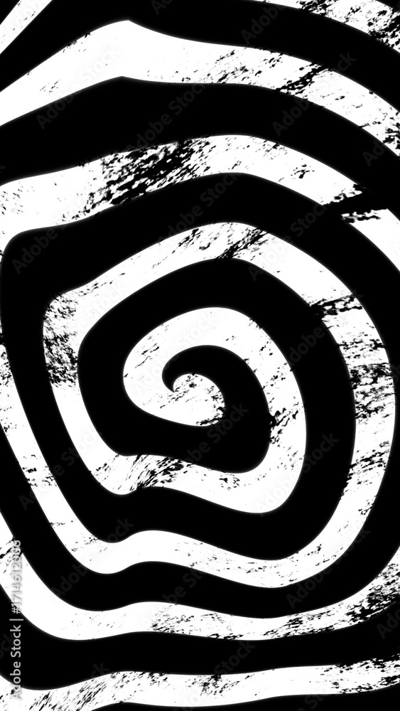 Poster abstract black and white grunge background with a hypnotic hand-drawn spiral pattern. distressed tex