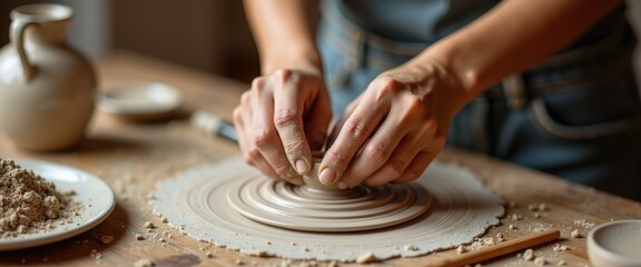Hands of a Person Creating a Circular Clay Form on a Pottery Wheel in a Sunlit Studio with Textured Surface and Natural Materials