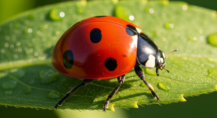 Fototapeta premium Ladybug on Leaf with Water Droplets CloseUp View.