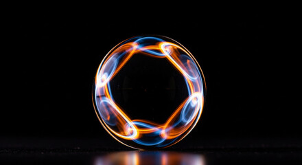 Luminous Sphere with Blue and Orange Light Trails on Black.