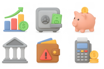 Financial growth icons featuring piggy bank, safe, and graph in 3d sty