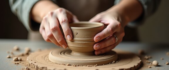 Close Up of Hands Shaping Clay Bowl on Pottery Wheel in Artisan Studio with Natural Light and Clay Residue on Work Surface