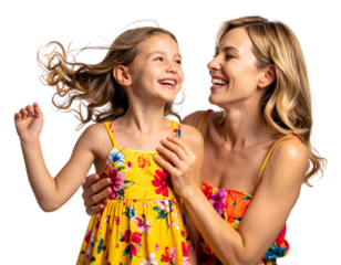 Mother and daughter laughing together in colorful summer dresses, joyful family momen
