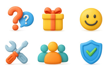 Colorful 3d icons set with question mark, gift, smile, tools, group, s