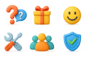Colorful 3d icons set with question mark, gift, smile, tools, group, s