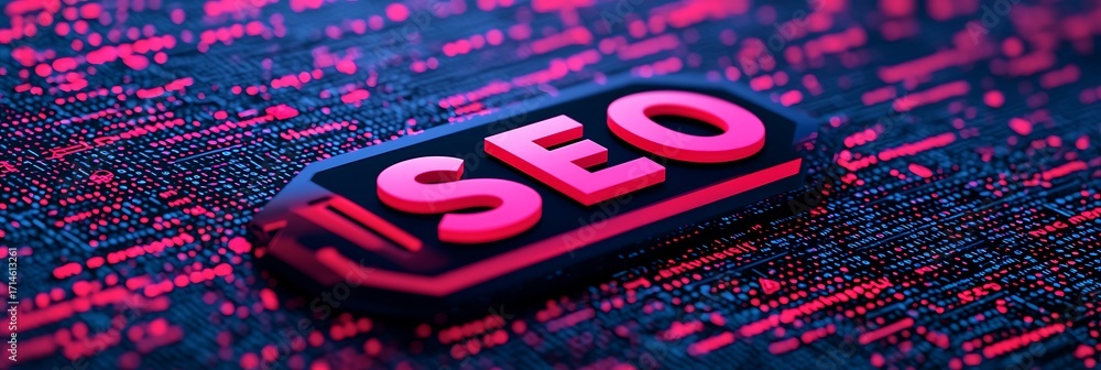 Poster a vibrant digital representation of the seo concept, featuring illuminated text against a backdrop o
