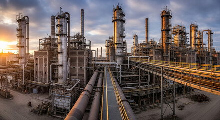 Industrial Plant at Sunset with Smokestacks
A wide-angle shot of a sprawling industrial plant at sunset, with golden light illuminating the complex network of pipes, towers, and smokestacks.
