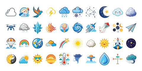 A set of Vector art Collection of Weather and Nature Icons in a Flat and Pixelated Design Style for Web and Print on white background