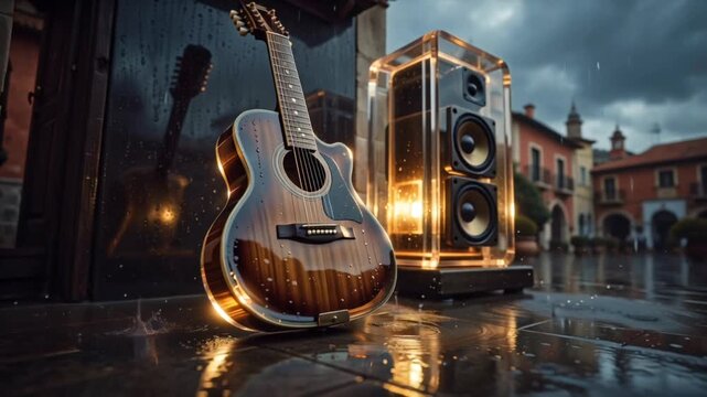 guitar and a music speaker in the night atmosphere 