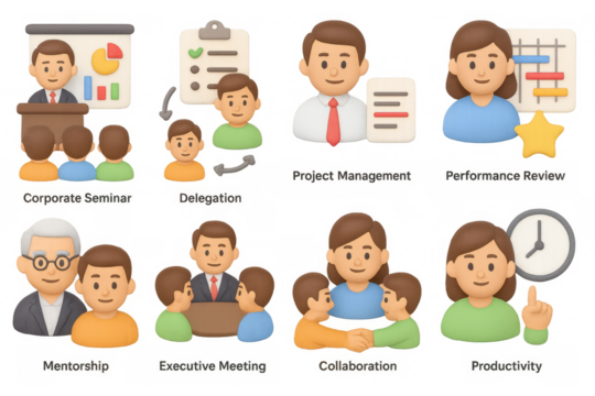 Business and teamwork concepts in 3d design, featuring collaboration,