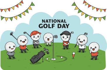 Cartoon golf day celebration poster with characters and banner illustration. National Golf Day