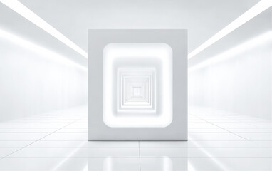 White square structure with illuminated concentric squares in a bright room